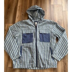 Free Assembly Lightweight Jacket Coat Hood Striped Blue  Zip Pockets Large Men's